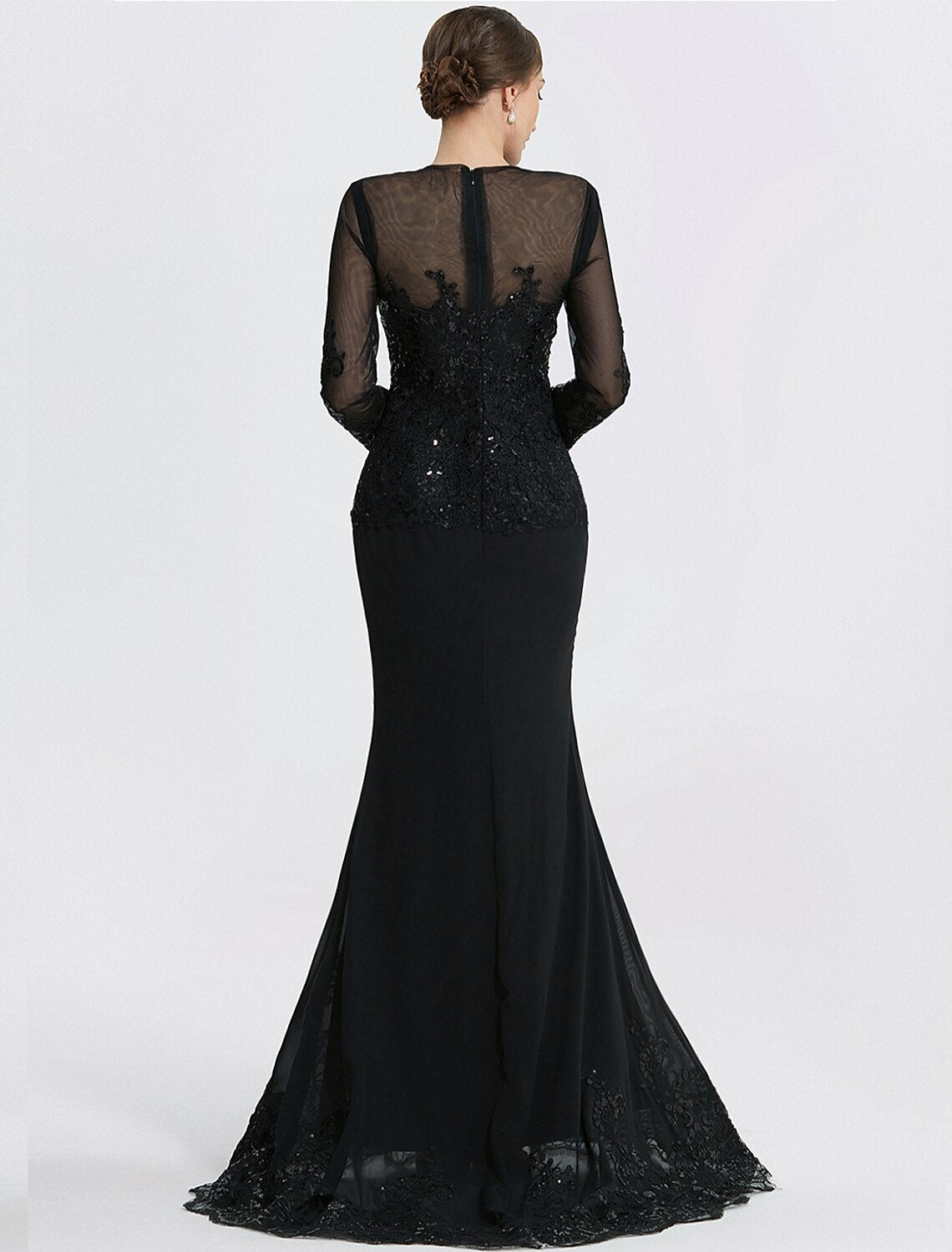 Meerjungfrau/Trompete Etuikleid/Säule Abendkleid Elegantes Kleid Formal Bodenlang Langarm Schmuckhals Spitze mit Applikationen